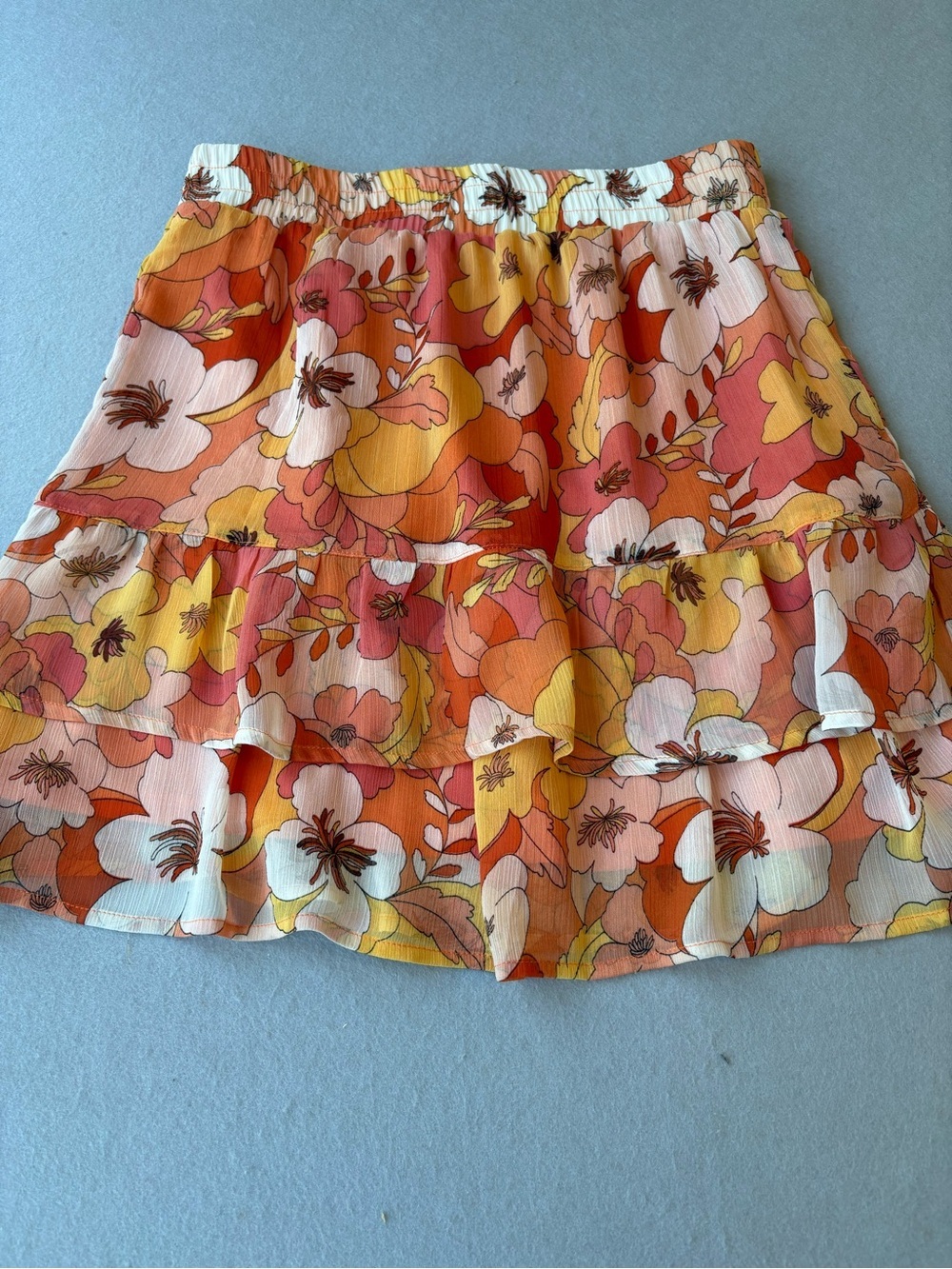 Autres Filles Floral Ruffle Tiered Mini Pull on Skirt - Orange Pink Yellow Sz S - Picture 8 of 8